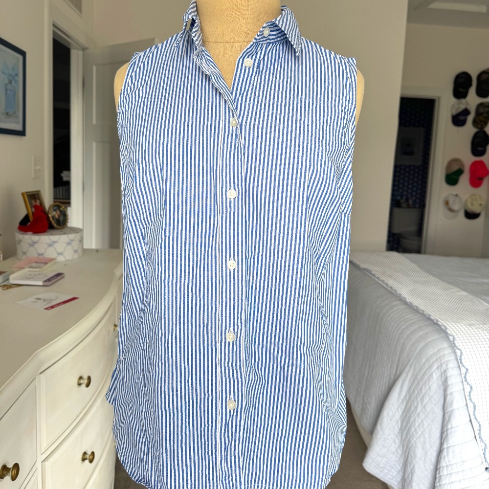 J Crew Factory Blue & White Pinstripe Sleeveless Button Down Size S